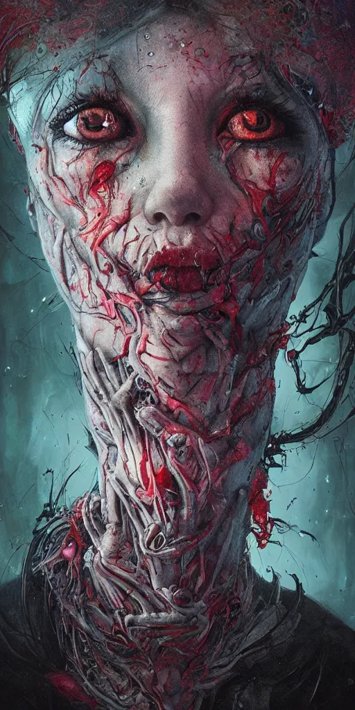 Image similar to nightmare portrait of the awakening of my 3rd eye,full character, melting ,8k,by tristan eaton,Stanley Artgermm,Tom Bagshaw,Greg Rutkowski,Carne Griffiths, Ayami Kojima, Beksinski, Giger,trending on DeviantArt,face enhance,hyper detailed,minimalist,horror, android, full of colour