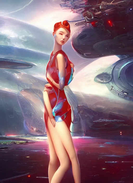 Prompt: close-up upper body shot of a beautiful Japanese female teen in sumptuous futuristic slim dress, scifi spacetation, unrealistic, unreal engine, by Peter mohrbacher and Boris Vallejo, artstation, award winning