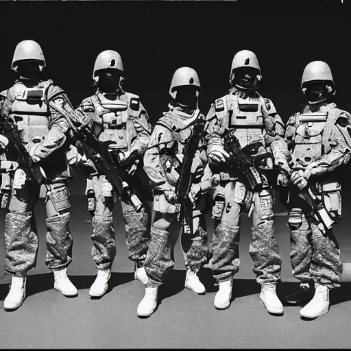 Image similar to a squad of futuristic soldiers posing for a group photo in a spaceship