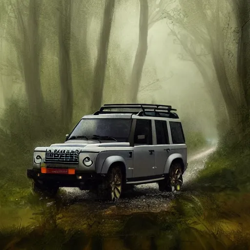 Image similar to a landrover crossing a forest path while its raining, digital art, artstation, photgraphy, highly detailed, digital painting, artstation, concept art, sharp focus, illustration, art by greg rutkowski and artgerm