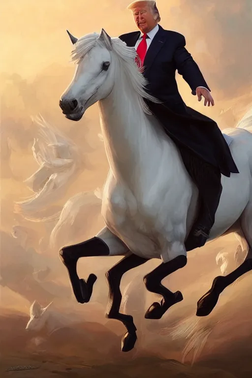 Image similar to donald trump on a majestic white horse, digital painting, artstation, concept art, smooth, sharp focus, illustration, in - frame, centered, art by artgerm and donato giancola and joseph christian leyendecker, ross tran, wlop