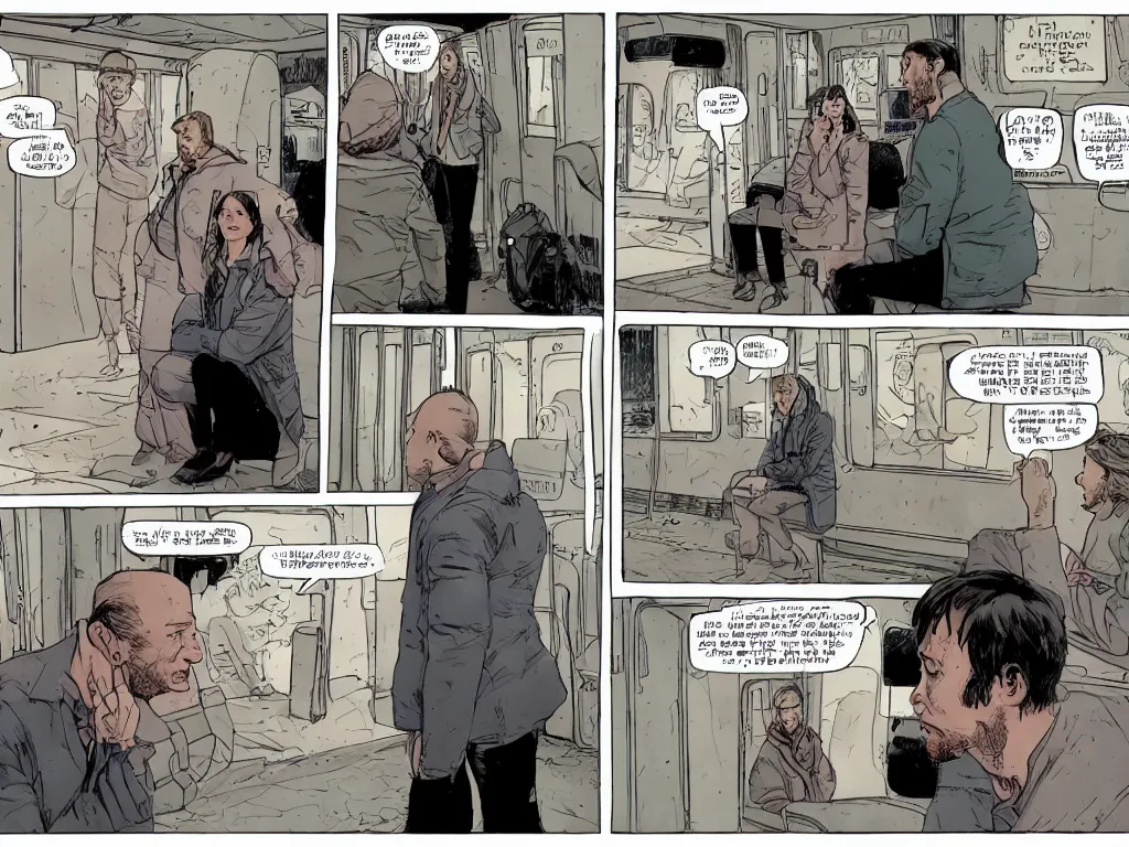 Prompt: a single comic panel by Geoff Darrow, 3/4 low angle view wide shot of two people sitting in an empty Chicago subway train, in front of windows: a sad Aubrey Plaza in a parka and a friendly Mads Mikkelsen in a suit