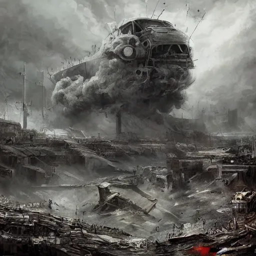 Prompt: an epic painting of the last days of war between Europe and Russia, year 2055, post nuclear war, post-apocalyptic, dramatic, dark, scary, , intricate, elegant, digital painting, concept art, smooth, sharp focus, illustration,