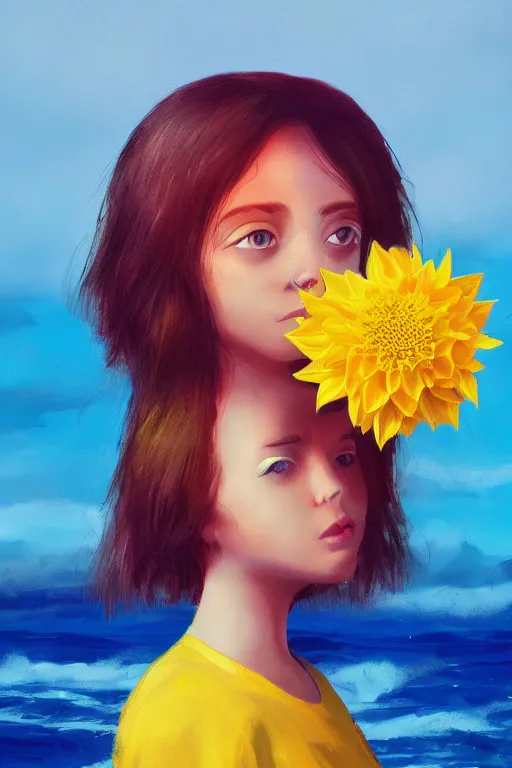 Image similar to closeup girl with huge yellow dahlia flower face, on beach, surreal photography, blue sky, sunrise, dramatic light, impressionist painting, digital painting, artstation, simon stalenhag