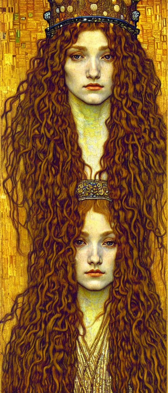 Image similar to detailed realistic beautiful young medieval queen face portrait by jean delville, gustav klimt and vincent van gogh, art nouveau, symbolist, visionary, gothic, pre - raphaelite, muted earthy colors, desaturated