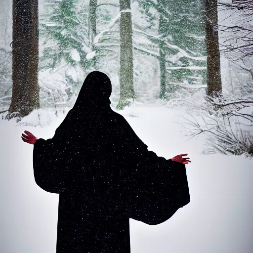 Image similar to lady dressed in a long black robe standing in the shadows of a snowy forest at night