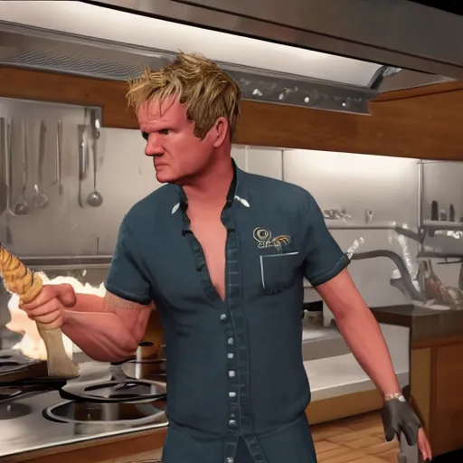 Image similar to GTA 5 photorealistic Gordon Ramsey cooking a unicorn in an intricate kitchen 4k