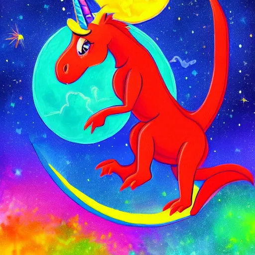 Image similar to unicorn dreaming of a trex on the moon, colorful, modern, disney, in style of pixar, highly detailed, sharp focus, digital painting