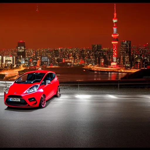 Image similar to red ford fiesta mk 5 zetec in tokyo spain, award winning photograph, night time