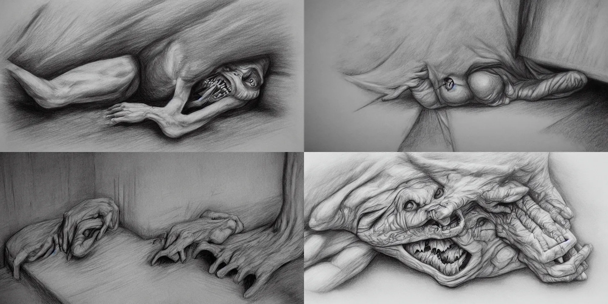 Prompt: the monster under the bed, hyper realistic, drawing, black and white, horror,