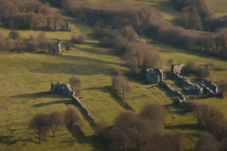 Prompt: Aerial shot of village ruins in the french countryside, bocages, sparse bare trees, dawn lighting, sprawling shadows, ARRI ALEXA Mini LF, ARRI Signature Prime 40 mm T 1.8 Lens, 4K film still from the movie 1917 by Sam Mendes, Roger Deakins,