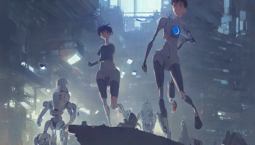 Image similar to robots and people run a marathon, yoshiyuki sadamoto artgerm greg rutkowski makoto shinkai studio ghibli, artstation