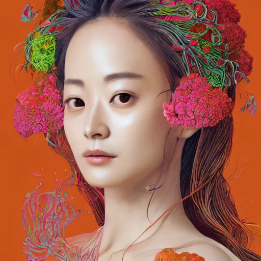 Image similar to the portrait of an unbelievably beautiful, elegant, and sophicated young kim tae hee partially made of broccoli, an ultrafine detailed illustration by james jean, intricate linework, bright colors, final fantasy, behance contest winner, vanitas, angular, altermodern, unreal engine 5 highly rendered, global illumination, radiant light, detailed and intricate environment