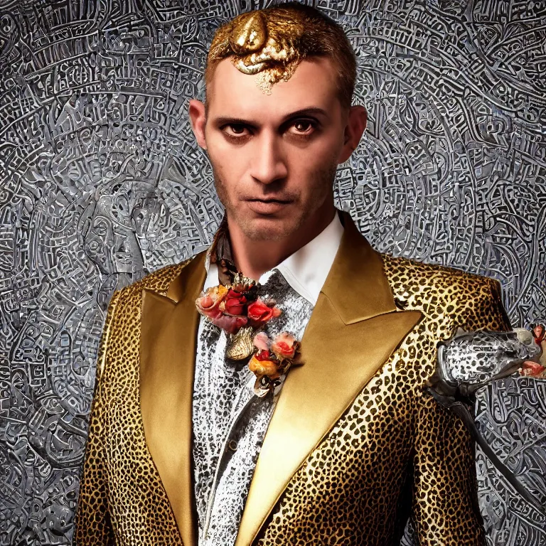 Prompt: extreme close - up octane render portrait by wayne barlow and carlo crivelli and glenn fabry, a futuristic egyptian god with the head of a cheetah and wearing a futuristic stylish silver gucci three piece suit with a colorful floral shirt, sitting in a charming vintage upscale bohemian elegant boutique hotel with beautiful wallpaper, very short depth of field, bokeh