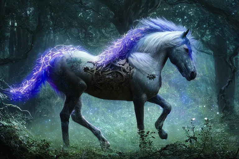 Image similar to a stunning horse made of stardust with a thick mane of bioluminescent vines and flowers running through the woods by greg rutkowski, high key lighting, volumetric light, digital art, highly detailed, fine detail, intricate, ornate, complex, octane render, unreal engine, photorealistic