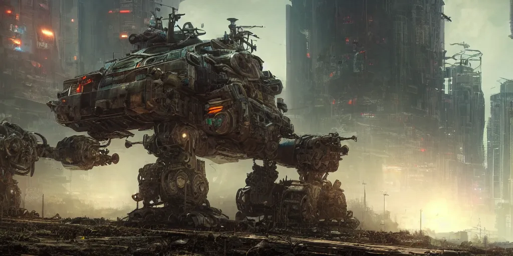 Prompt: Panorama screenshot large armored tank mecha walking in detailed nature overgrown cyberpunk city, massive construction rigging, rust, bright, daytime, sci-fi, realistic, in the style of grandfailure, Tithi Luadthong, dynamic dramatic dark moody lighting,shadows,cinematic atmosphere,Artstation,concept design art,Octane render,8K
