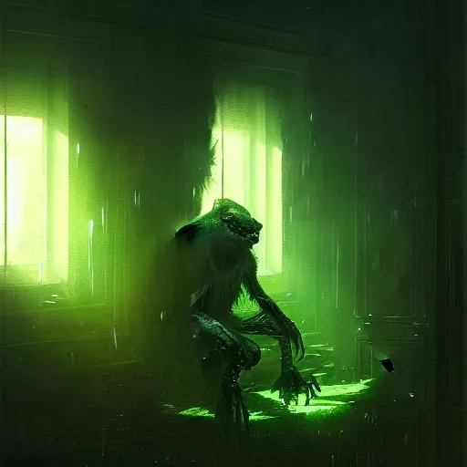 Image similar to strange creature looking inside through the window, night, realistic lighting, darkness outside the window, glowing green eyes, horror, by greg rutkowski, wlop and ruan jia, illustration, fantasy, hyper detailed, unreal engine, sharp focus, ray tracing