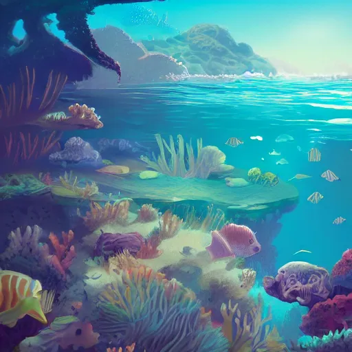 Image similar to a detailed illustration a idyllic underwater ocean scene by Alex Hirsch, trending on artstation, cgsociety, deviantart