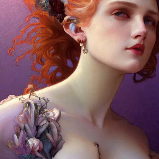 Image similar to closeup portrait fashion photo of divine beauty, beautiful detail and color, art by john collier and albert aublet and krenz cushart and artem demura and alphonse mucha, volumetric lighting, octane render, 4 k resolution, matte, sharp focus, illustration, art by jacque - louis david, baroque style