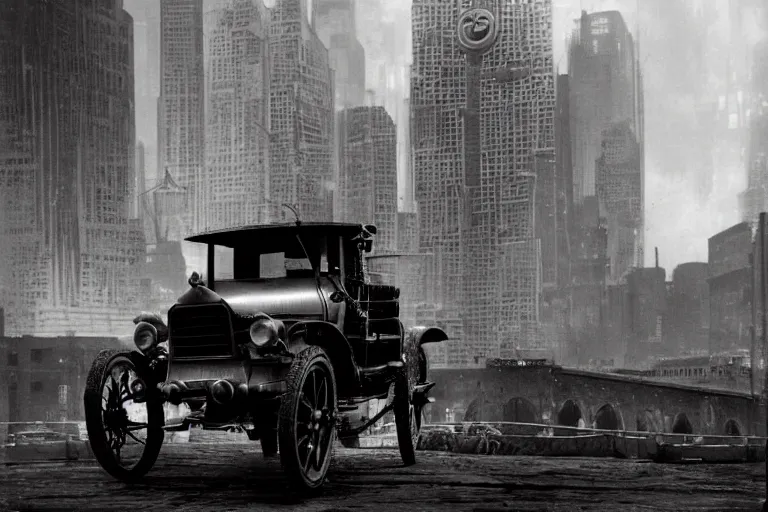 Image similar to cyberpunk 1 9 0 8 model ford t by paul lehr, metropolis, parked by view over city, vintage film photo, robotic, black and white photo