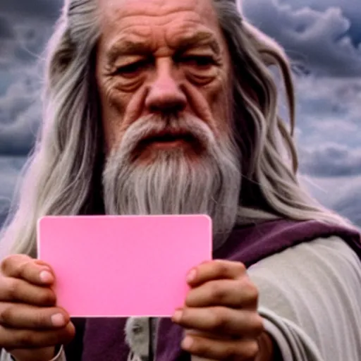 Image similar to portrait of gandalf, wearing a large pink hairclip, holding a blank playing card up to the camera, movie still from the lord of the rings