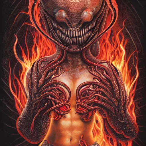 Image similar to scorn giger venom alien doom zdislaw bekinski horror hell alien tentacles satan fire flame octopus, beautiful underwater redhead ballerina portrait as a belly dancer, pixar style, by tristan eaton stanley artgerm and tom bagshaw.