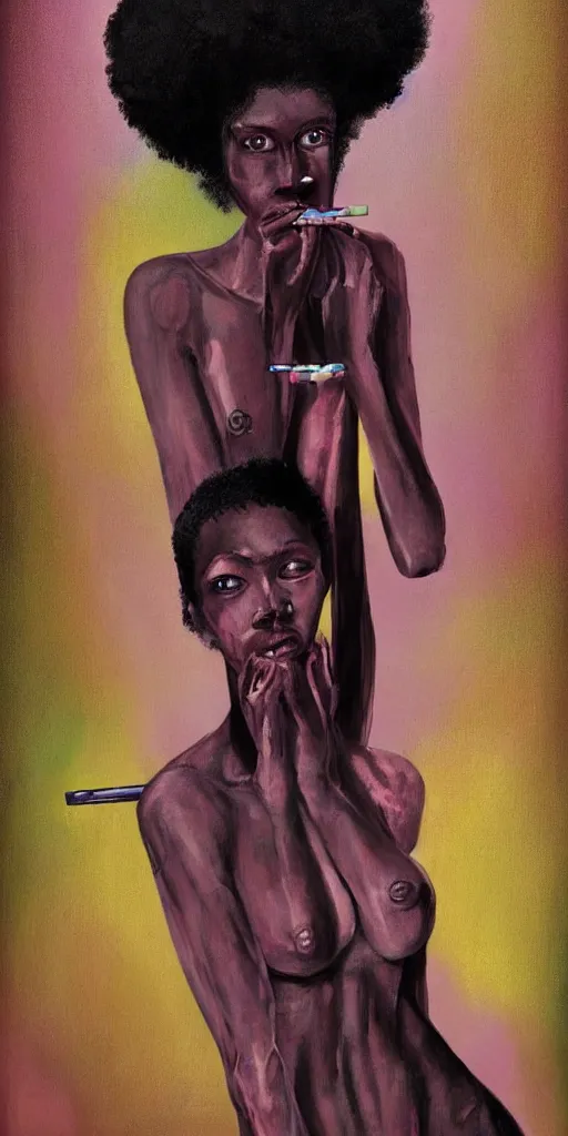 Image similar to A beautiful tall black woman with dark skin and a pink afro, looking at you from across the bar, holding a lit cigarette, digital art, oil painting, clean lines, drawn by H.R Giger