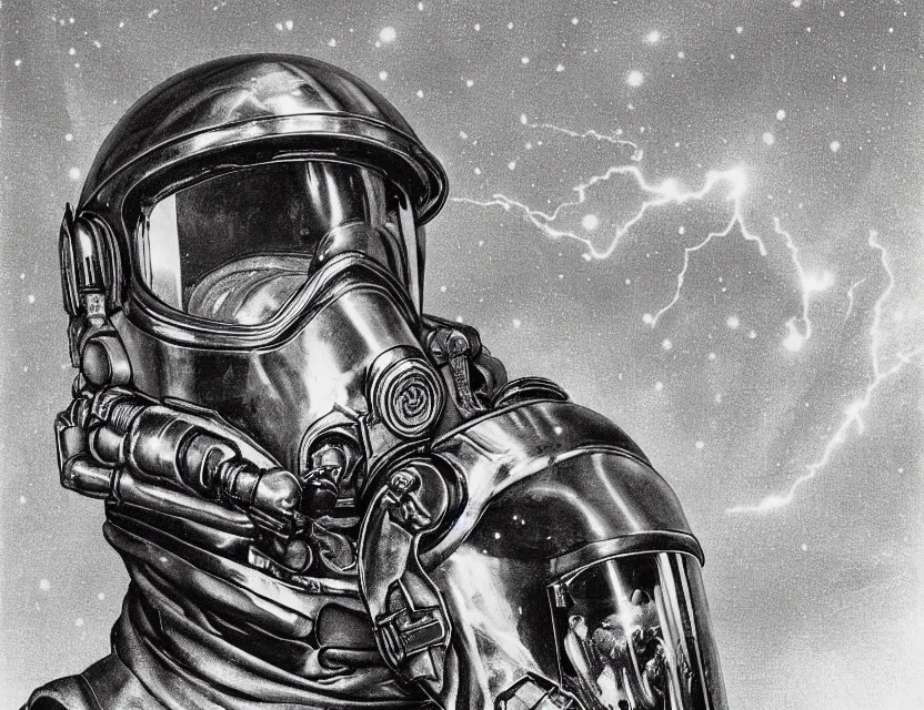 Prompt: a detailed portrait painting of a lone bounty hunter pilot wearing combat armour, gas mask and a reflective visor. Glass. Head and chest only. Movie scene, cinematic sci-fi scene. Flight suit, cloth and metal, accurate anatomy. portrait symmetrical and science fiction theme with lightning, aurora lighting. clouds and stars. Futurism by beksinski carl spitzweg moebius and tuomas korpi. baroque elements. baroque element. intricate artwork by caravaggio. Oil painting. Trending on artstation. 8k