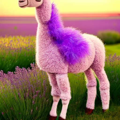 Image similar to lavender llama with a bow on its head sitting in a field at sunset, 4k, hd, photorealistic
