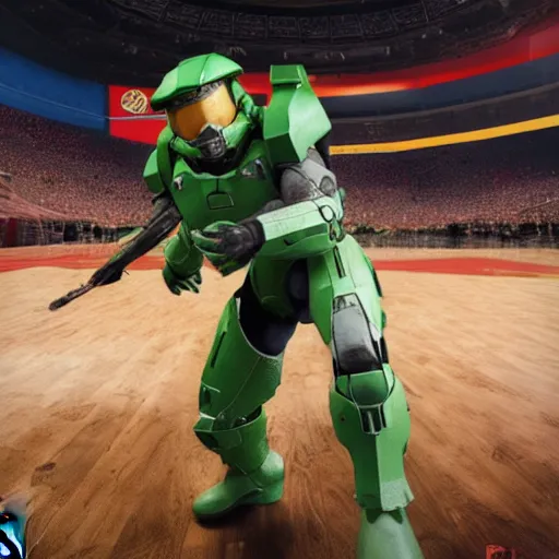 Prompt: master chief slam dunking on a halo grunt, NBA stadium, detailed 8K render