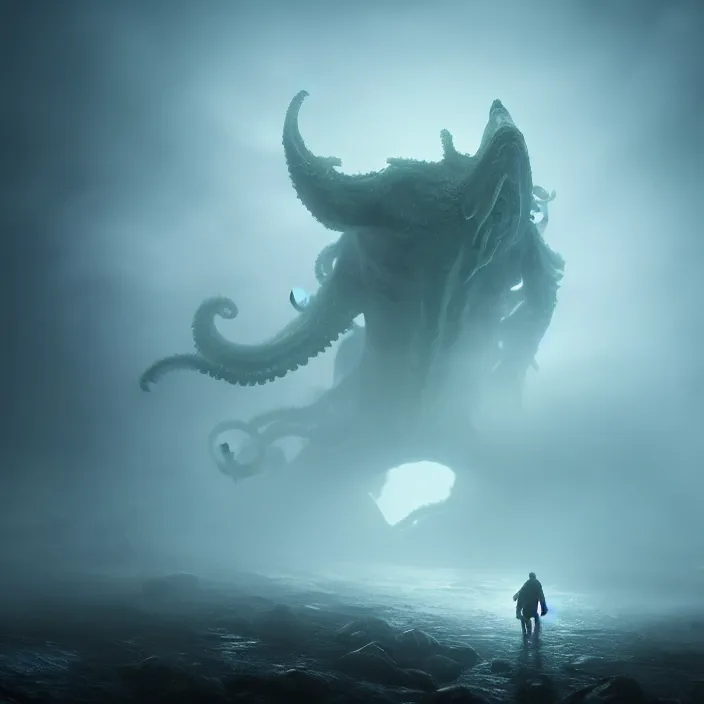 Image similar to a lovecraftian monster emerges out of the clouds, volumetric lighting, fog, atmospheric, high resolution, rendering, octane, redshift