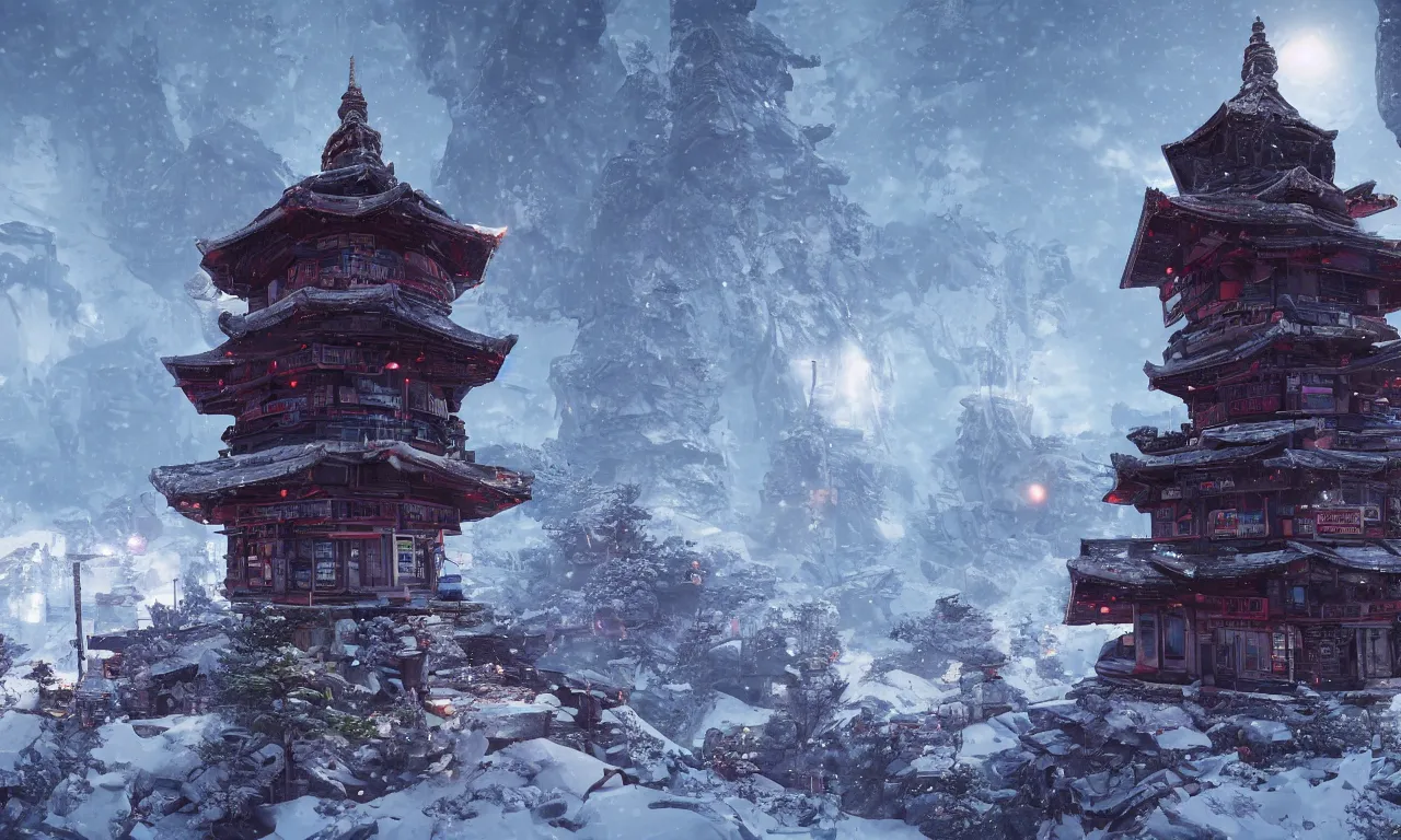 Prompt: a small pagoda on top of cyberpunk snow mountain, amalgamation of the past and the future, science fiction, extreme detail, backlight, volumetric light, unreal 5, octane rendering, vray, maya