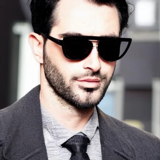 Prompt: a face of a man with sunglasses, black hair and a black trenchcoat