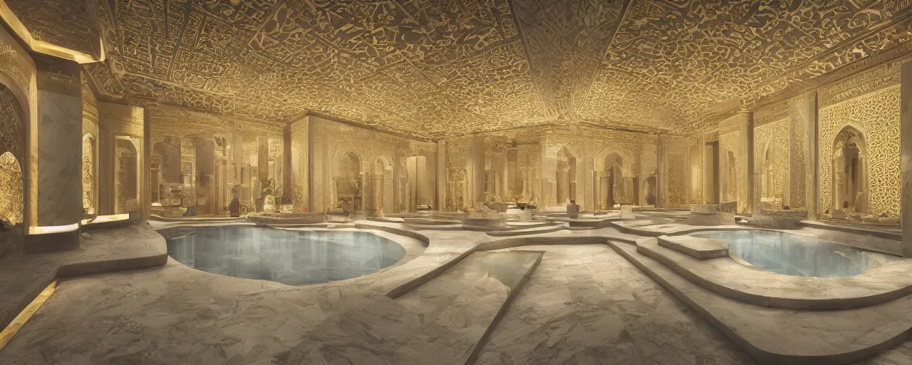 Prompt: photo of a cinematic interior of a double height hyper luxury spa with everything made of gold, candles, beige stone marble floor, wellness relaxation pool, intricate hieroglyph detailed roof, contemporary design, sacred geometry, 8 k, hyperrealistic, photorealism, windows with view to wadi al disah mountains