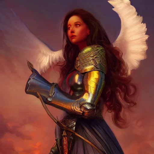 Prompt: angel with wings, mid-shot, fantasy, medieval, vivid colors, elegant, concept art, sharp focus, beautiful face, digital art, Hyper-realistic, 4K, Unreal Engine, Highly Detailed, HD, Dramatic Lighting by Brom, trending on Artstation