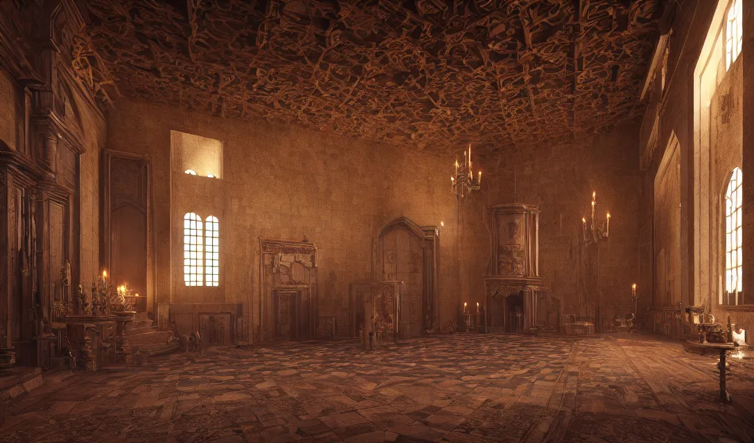 Image similar to hall of the king, interior medieval castle, ascher clemens, home, interior, octane render, deviantart, greg rutkowski, cinematic, key art, hyperrealism, canon eos c 3 0 0, ƒ 1. 8, 3 5 mm, 8 k, medium - format print