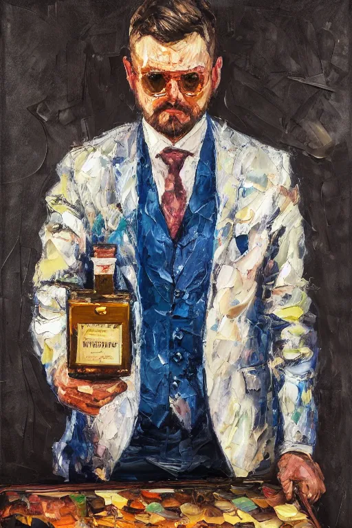 Image similar to palette knife oil painting portrait of graham, a fellow in a three - piece suit and single monocle covering his right eye, peering over from his heavy, lacquered oak reception desk, extreme detail, artstation trending, artgerm, any racial background, deviant art, octane, substance, art history 8 k