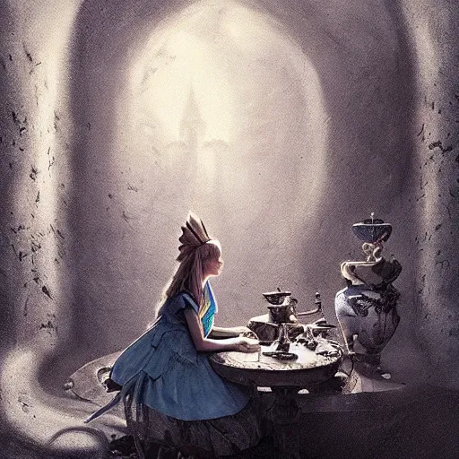 Image similar to alice in wonderland, high detail, dramatic light, digital art, chiaroscuro, painted by seb mckinnon and greg rutkowski, trending on artstation