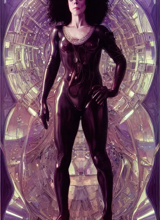 Image similar to Sigourney Weaver as cyberpunk girl, portrait, intricate, elegant, highly detailed, centered, digital painting, artstation, concept art, smooth, sharp focus, illustration, art by artgerm and donato giancola and alphonse mucha