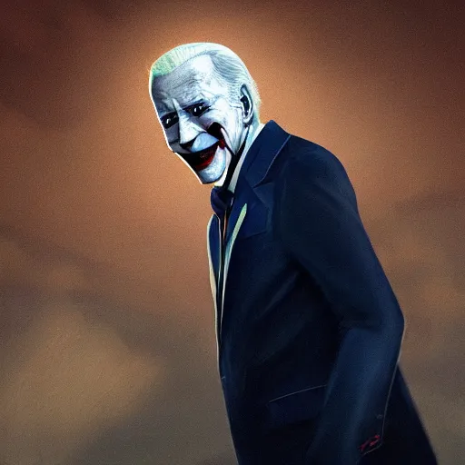 Image similar to Joe Biden as he joker , beautiful landscape, dramatic lighting, cinematic, establishing shot, extremly high detail, photorealistic, cinematic lighting, post processed, concept art, artstation, matte painting, style by greg rutkowsky