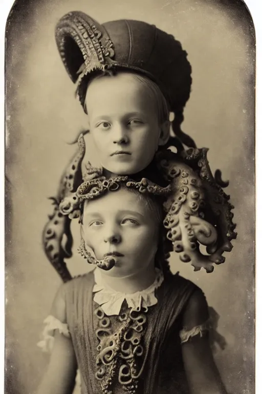 Image similar to wet plate photograph portrait of victorian octopus child with an octopus head, dressed in a victorian - era clothing, entire head is an octopus, dramatic lighting, highly detailed, smooth, sharp focus