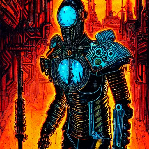 Image similar to cyberpunk knight, atmospheric lighting, painted, intricate, golden hour, ultra detailed by philippe druillet