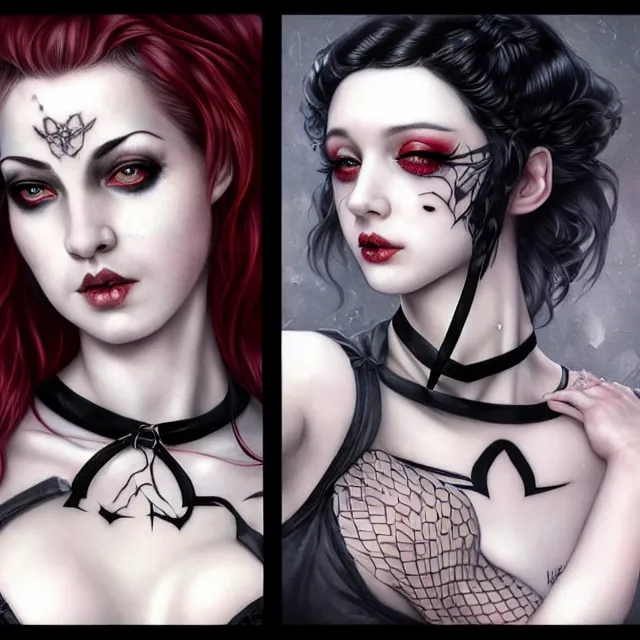 Image similar to two beautiful pale skin gray eyed cosplay girls, black hair, fully tattooed body, fishnet corset with choker, symmetrical, beautiful detailed face, masterpiece, artstation contest winner, trending artgerm, paint by tom bagshaw and sabbas apterus girl and magali villeneuve and karol bak and artgerm and stanley lau and wlop