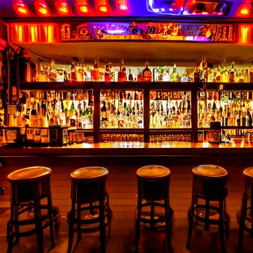 Image similar to a full shot of a bar with orange lighting, nighttime