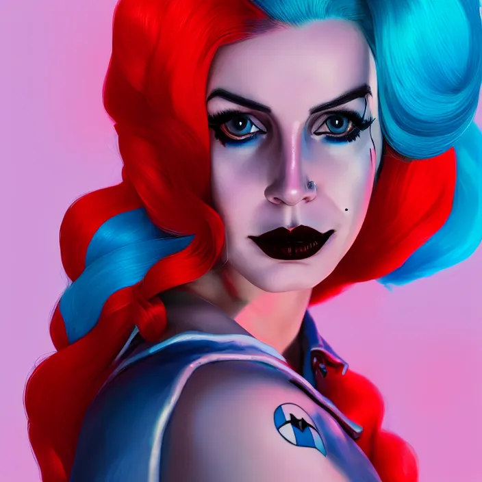 Image similar to portrait of lana del ray as a harley quinn. intricate abstract. intricate artwork. smooth. by Tooth Wu, wlop, beeple, dan mumford. octane render, trending on artstation, greg rutkowski very coherent symmetrical artwork. cinematic, hyper realism, high detail, octane render, 8k, iridescent accents