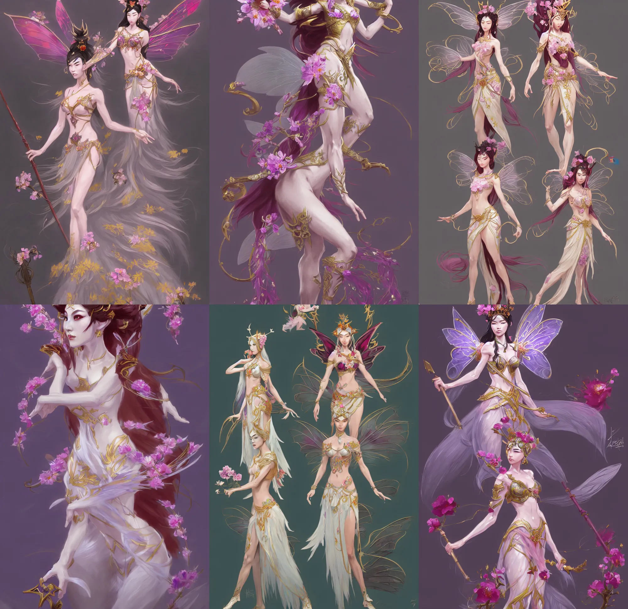 Prompt: concept art by illustrator at riot games, kathi langley and john singer sargent, chinese fairy goddess in game honor of kings, character concept, full body, chinese fairy goddess, hyper detailed, honor of kings character concept, dynamic pose, intricate, lily flowers. 8 k
