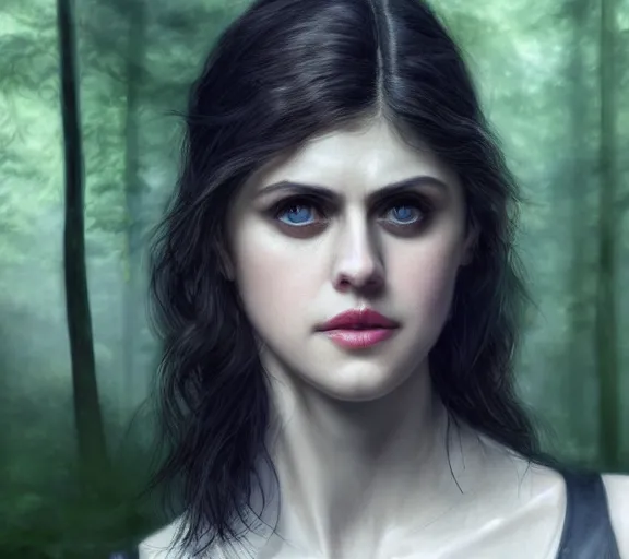 Prompt: 5 5 mm close up portrait photo of alexandra daddario as yennefer of vengerberg in black leather armor and black hair and purple eyes, in a forest. magical atmosphere. art by greg rutkowski. lifelike. very detailed 8 k. intricate. soft light. nikon d 8 5 0.