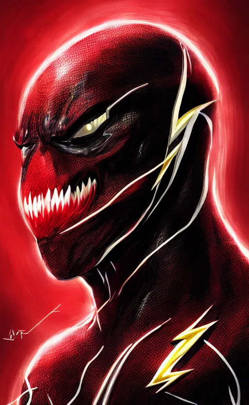 Image similar to portrait of venom as the flash, black and red, dynamic lighting, cinematic, ultra detailed, trending on art station, stunning visuals, creative, fantasy concept art