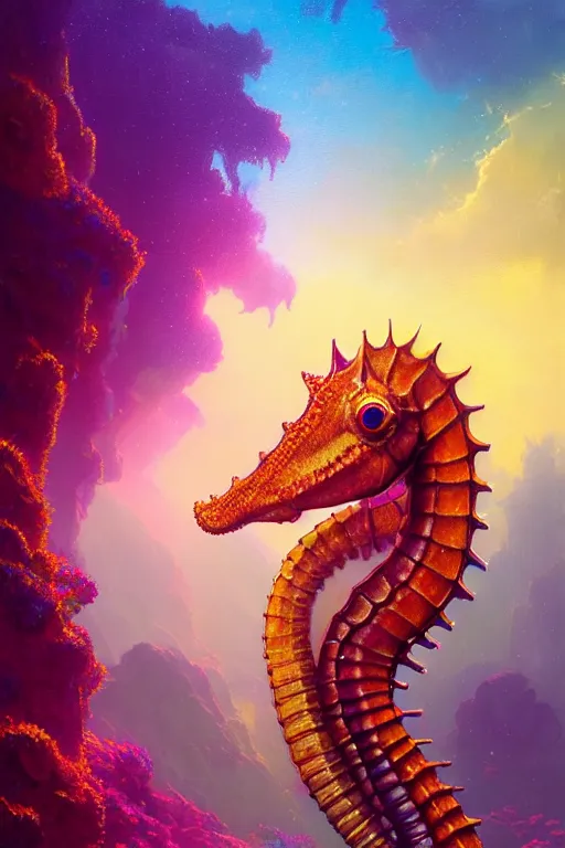 Image similar to highly detailed portrait of rainbow - colored seahorse, stephen bliss, unreal engine, fantasy art by greg rutkowski, rhads, ferdinand knab, makoto shinkai and lois van baarle, ilya kuvshinov, rossdraws, tom bagshaw, global illumination, radiant light, yellow blue theme, coral reef