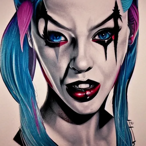 Image similar to tattoo design, stencil, portrait of harley quinn by artgerm